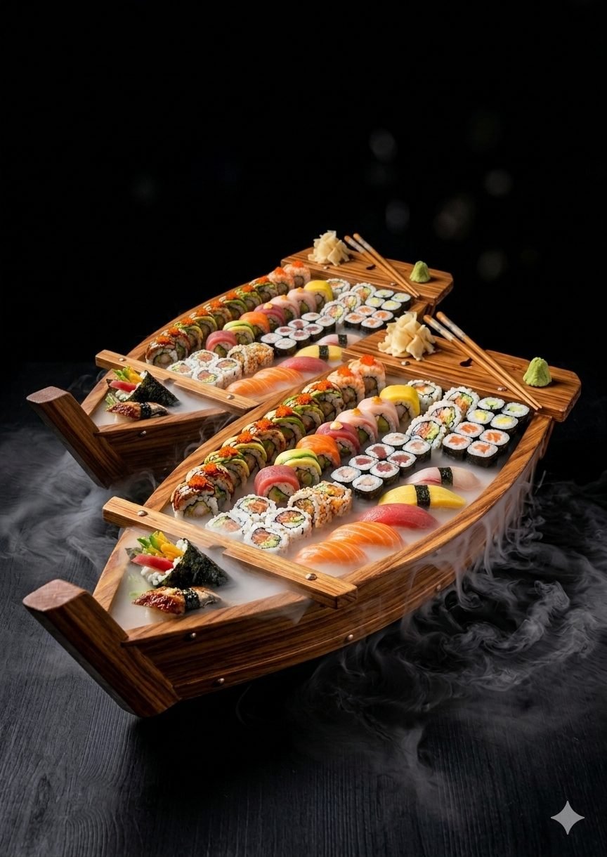 Double it!: twee Luxe Sushi Boten van 70 cm met samen 144 stuks sushi