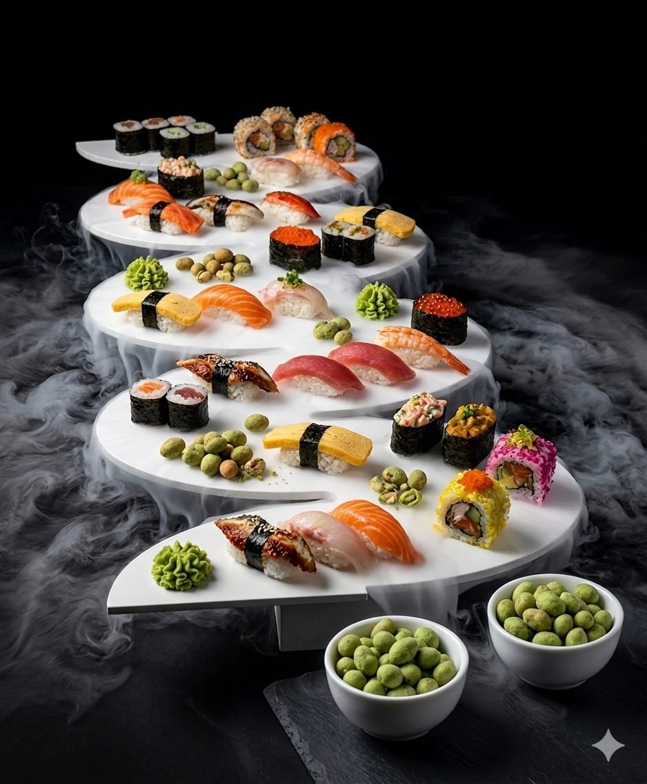 Sushi Snake Table Nami Mega van 180 cm met 400 stuks sushi