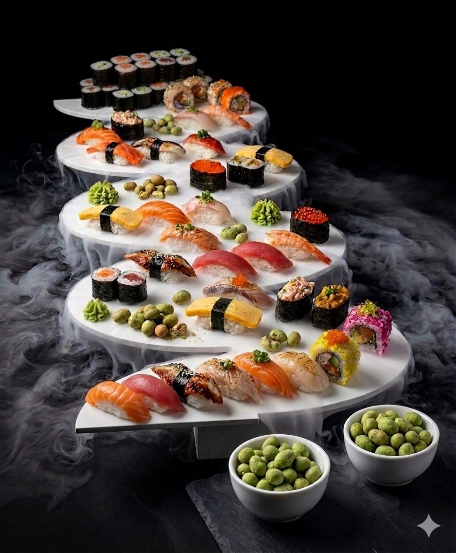 Sushi Snake Table Nami Mega XL van 180 cm met 480 stuks sushi
