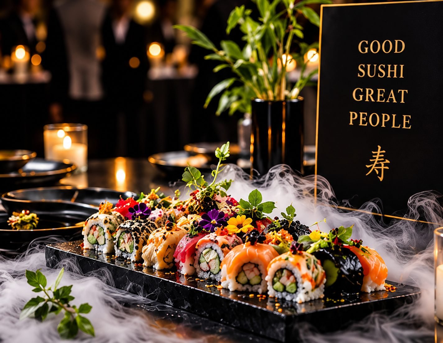 Sushi op een zwarte presentatieplank met dry-ice tijdens een zakelijk event